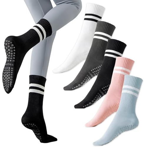 KASURE 5 Paar Pilates Socken, Rutschfeste Socken Damen Stoppersocken Yoga-Socken mit Griffen Antirutschsocken für Ballett, Pilates, Yoga, Trampolin, Fitness