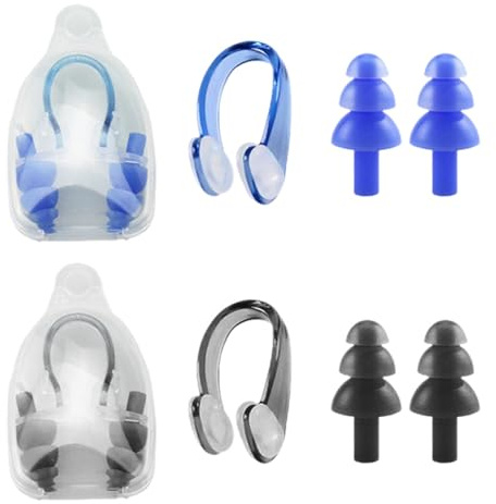CVDYWDJIE 2 Pares De Tapones para Los Oídos para Nadar Y 2 Pinzas para La Nariz para Nadar, con 2 Cajas De Almacenamiento, Equipo De Natación, Pinzas para La Nariz De Silicona, Azul