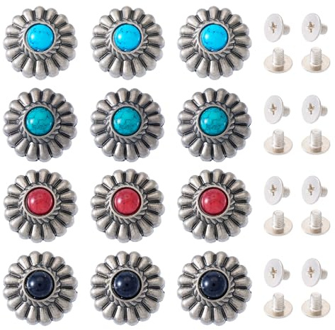 Spritewelry 16 Sets Tibetan Alloy Decorative Rivets Studs Faux Turquoise Round Silver Vintage Leather Rivets for Leather DIY Craft Clothes Bag Shoes