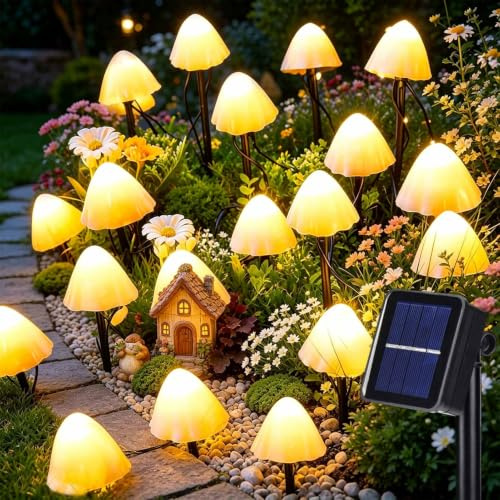 Solar Garden Ornaments, 5M 20 LED Mushroom Solar Lights Outdoor Garden | IP65 Waterproof Mushroom Stake Lights for Pathway Flower Bed Landscape Fence Backyard Pond Decorations (Warm White)