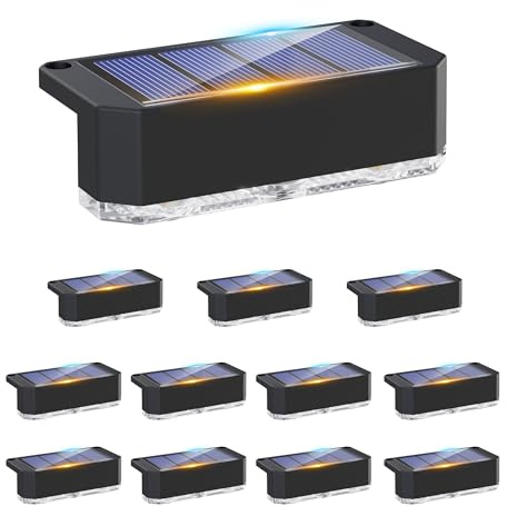 Peasur 12 Pack Solar Fence Lights Outdoor Garden, Solar Powered Step Light, Waterproof LED Deck Lights for Stairs Railing Yard Outside (Warm White)