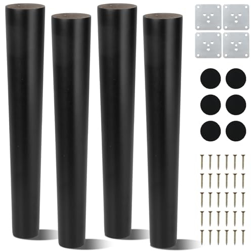 AWBEOT 4 Pcs Möbelfüße Holz Tischbeine 30 cm Möbelbeine Rund Massivholz Holzbeine für Möbel Schrankfüße Konisch Ersatz Sofafüße mit Montageplatten,Schrauben,Filzgleiter,für Bett,Ottomane,Stuhl,Schwarz