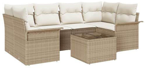 vidaXL 7-delars Trädgårdsoffagrupp med Kuddar Beige Poly Rattan | Sittplatser för 5 Väderbeständiga Utemöbler Bekväm Stiligt Loungeområde Patio Stol Loveseat Kaffeebord