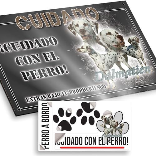 Dálmata Cartel Cuidado con el Perro 20x12,5cm - Diseño Antracita en Dibond con Pegatina Coche 20x5cm - En Español