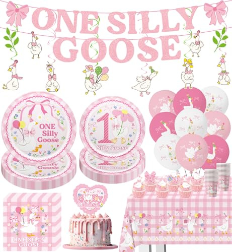 110 PCS One Silly Goose Birthday Decor Girl Tableware Set, includes Banner, Hanging Swirls, Plates, Cups, Napkins, Tablecloth, Cake Topper, Balloons for One Silly Goose Theme Party Serves 20 Guests