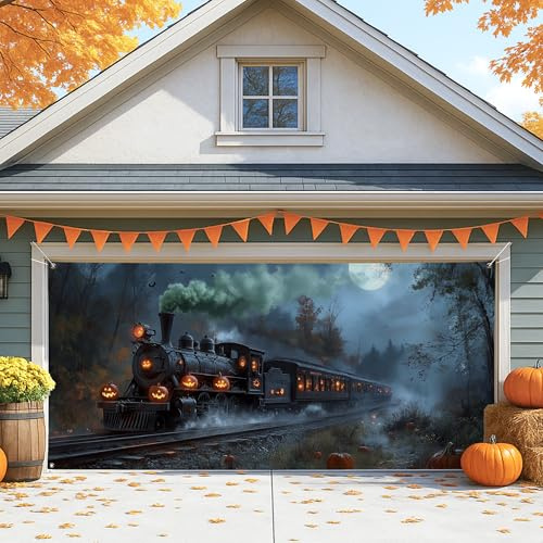 Cubierta para puerta de garaje de tren de Halloween, espeluznante decoración vintage para puerta de cochera, decoración de fondo de fiesta de Halloween para exteriores e interiores, decoración de