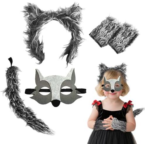 SAIIURV 4 Stück Graues Wolf Kostüm für Kinder Erwachsene Wolf Ohren Schwanz Handschuhen Maske Werwölfe Accessoires Furry Kostüm für Halloween Karneval