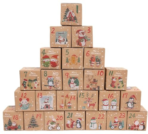 Geoyien Calendario Adviento para Rellenar, Calendario de Adviento Vacio Diy, 24 Cajas, Reutilizable, Regalos Creativos, Decoración de Navidad Caja de Bocadillos de Dulces