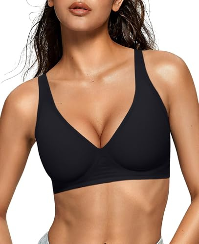 OEAK Womens Deep V Bras Comfortable Bra Support Push Up Bralettes Low Cut no Underwire Bra Plunge Seamless Tshirts Bras 2X-Large Black