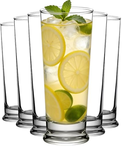 Ribbed 6 PCS Highball Glass Set, Elegant 11oz Tall Drinking Glasses Ideal for Mojito Whiskey Cocktails Perfect Bar Glassware Slim Cups Tall Water Glasses