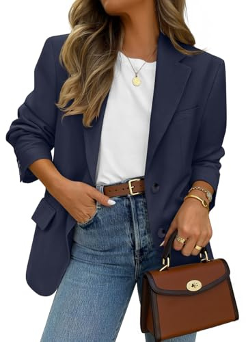 ZESICA Womens Spring Business Casual Blazers 2026 Long Sleeve Open Front Lapel Collar Work Office Suit Jackets Blazer Navy Large