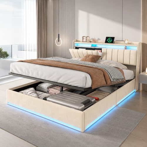Letto Matrimoniale con Contenitore 140x200 cm, Letto Imbottito con Sistema di Sollevamento a Gas e LED USB, Testiera con Funzione di Stoccaggio, Struttura letto con rete a doghe, Velluto Beige