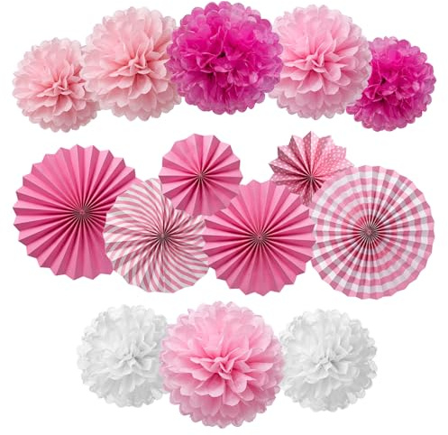 14 Pezzi PomPon di Carta Velina Rosa, Decorazioni da Appendere a Ventaglio di Carta, Fiori di Carta, Floreali Pom Pom per Feste, Nozze, Compleanno, Matrimoni, Festival
