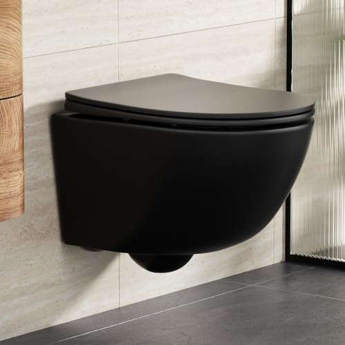 Rainsworth hängande WC spollös toalett – stark balsam, toalettstol inklusive automatisk sänkning, kompakt design 48,5 cm lång, lätt att rengöra, perfekt för badrumshöjd, svart
