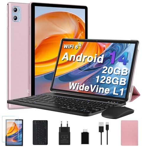 ZIOVO 2026 Tablet 10 Pulgadas con Android 14, Octa-Core, 2.0GHz, 20GB RAM+128GB ROM/1TB TF, 8000mAh, WiFi 5G, Bluetooth 5.0, Pantalla IPS FHD 1280×800, 5+8MP, Tablet con Teclado y Ratón - Dorado