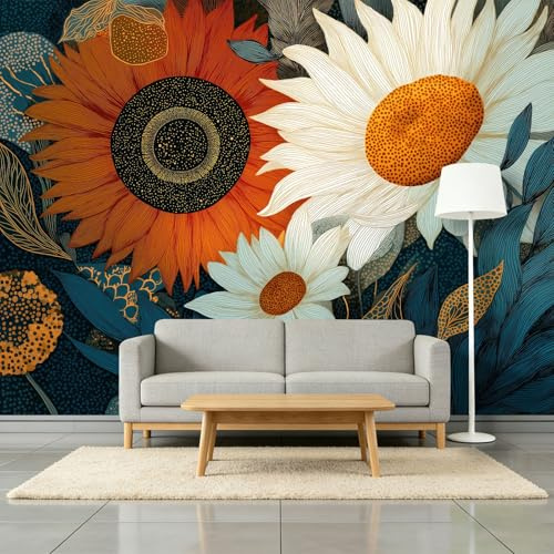 Fotomurales Tejido No Tejido 200 x 140 cm - Papel Pintado Fotográfico Abstracto Flores Girasol Murales Naranja Póster para Niños Juvenil Salón Dormitorio Decoración Del Hogar