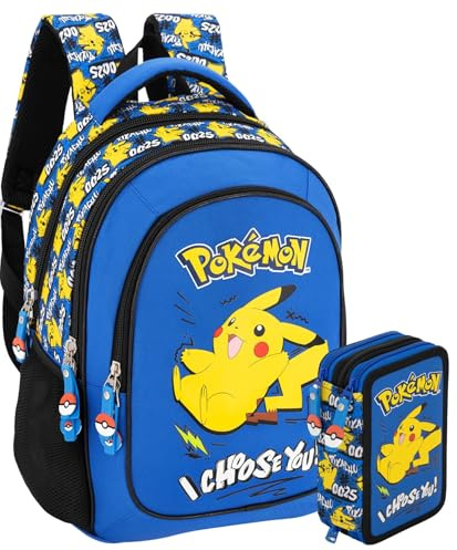 Schulrucksack Set Jungen Grundschule 6-10 Jahre – Ergonomischer Rucksack (33x43x20 cm) & 3-Fach Federmäppchen Gefüllt (46 Teile) – für Pokémon Fan Design