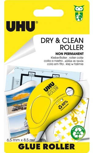 UHU Dry & Clean Roller Wiederentfernbarer Einweg-Klebe-Roller, 8,5 m x 6,5 mm, transparent, 6 Stück