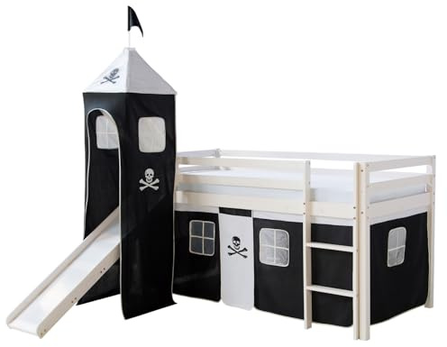 Homestyle4u Hochbett mit Rutsche 90x200 für Kinder Pirat Kinderbett Kiefer Holz Jugendbett Doppelstockbett