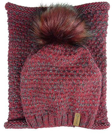 bags & more 2 teiliges Damen Winterset I Schal Mütze I kuschelweiches Set I Longbeanie & Loopschal I großer Bommel Pompon (bordeaux weinrot)