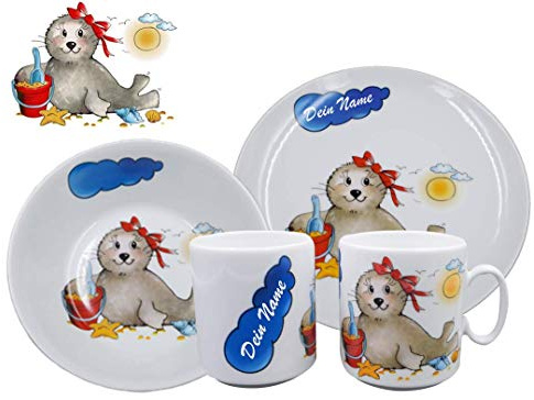 Geschirr mit Namen / 3-tlg. Porzellan-Set/Robbe Mädchen/Seehund/Kindergeschirr/Carstens Keramik