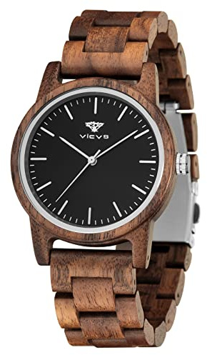VICVS Wooden Watches for Men and Women, Natural Walnut/Olive Wood Japanese Quartz Chronograph, Adjustable Strap, Military Sports and Leisure (Walnut-3)