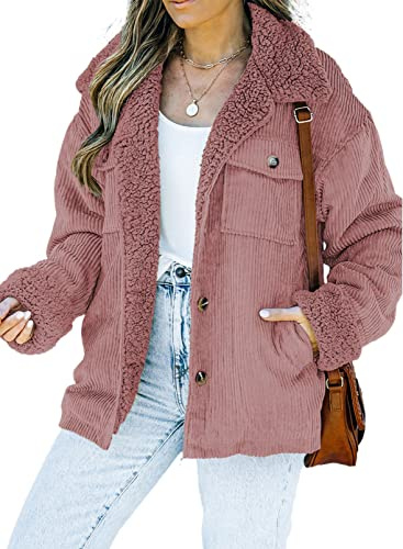 Dokotoo Womens Coats Fashion Winter Clothing for Women Warm Thick Sherpa Lined Corduroy Jacket Teddy Bear Button Down Fleece Fur Collar Casual Cute Solid Fall Coat Outwear with Pockets Pink XL