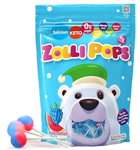 Zollipops Lecca lecca per denti puliti, caramelle senza zucchero con xilitolo per un sorriso sano, ideale per bambini, diabetici e dieta cheto, naturale, anguria e lampone blu, 147,4 g