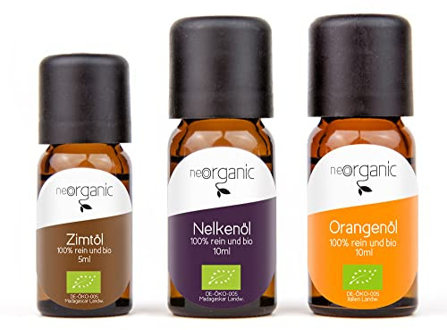 NeoOrganic Lieblingsduft: Winter – Bio-Aroma-Set ätherischer Öle – Bio-Orangenöl, Bio-Nelken und Bio-Zimtöl – 2 x 10 ml und 1 x 5 ml
