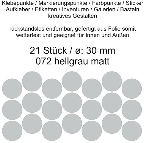 Aufkleber Etiketten Klebepunkte aus Folie 21 Stück grau hellgrau rund 30 mm selbstklebend farbig wetterfest Decal Markierungen Organisieren DIY basteln verzieren Modellbau Scrapbooking