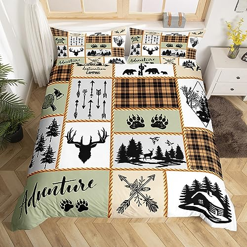 Camper Abenteuer Bettbezug Set 135x200,Hirsch Geweih Bär Pfoten Bauernhaus Bettwäsche Set,Pfeile Plaids Patchwork Comforter Cover,Rustikale Quilt Cover,1 Kissenbezug