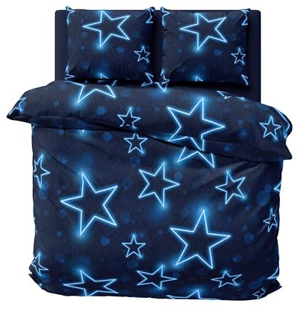 one-home Winter Bettwäsche 200x200 cm Sterne Stars blau leuchtoptik Flausch Warme Fleece
