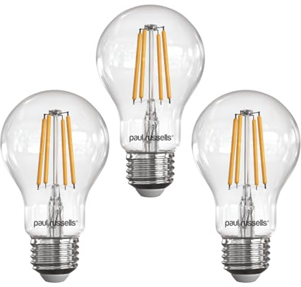 paul russells LED Filament GLS – Dimmable Edison Screw Fittings E27 Light Bulbs, 7Watt 806Lumens Classic A60 LED Bulbs, 60w Equivalent, 2700K Warm White Dimmer ES Energy Saving Lamps, 3 Pack