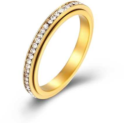 KnBoB 3MM Edelstahl Damen Ring Gold Spinner Schlicht mit Weiß Rund Zirkonia Schmuck Anti-Stress Ring Größe 62 (19.7)