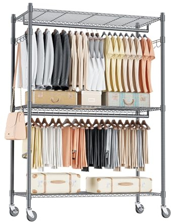 Himimi Doppio Appendiabiti con Ripiani Regolabili in Altezza, Appendiabiti con 2 Ganci, Carrello Appendiabiti con Ruote, 90 * 42 * 205cm, Grigio