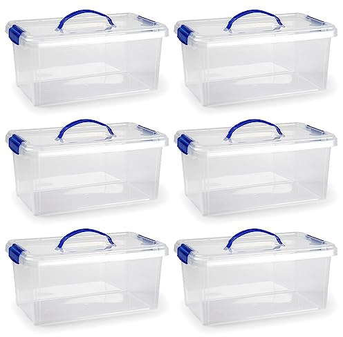 ACAN Tradineur Pack de 6 Cajas de Almacenamiento transparente con asa azul Fabricado en plástico Contenedor para almacenar juguetes, Libros, ropa, mantas - N.grados 24 17,5 x 38,5 x 23 cm 10 Litros