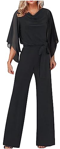 EMATOP Jumpsuit Damen Elegant für Hochzeit Hosenanzug Sommer Lang Overall Einteiler Lässiger Hosenanzug 3/4 Ärmel Einfarbig Playsuit Hohe Taille Strampler Spielanzug Festlich Party Romper