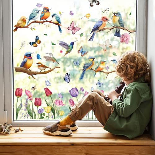 COLOFALLA 9 Blatt Fensterbilder Frühling Fensterfolie Fensterbilder Vögel Selbstklebend Blumen Schmetterlinge Sommer Zweiseitig Fenstersticker Wiederverwendbar Fensterfolie Fensterdeko