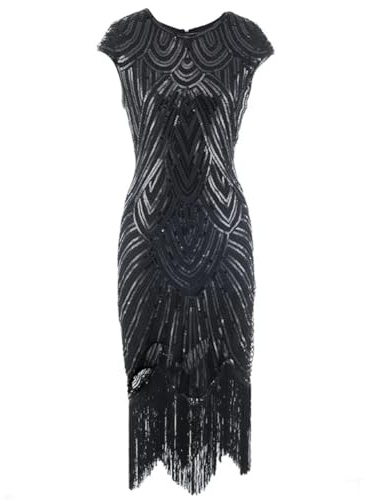 Vsadsau Abito da donna anni '20, con perline e paillettes, stile Art Deco Gatsby, per feste, matrimoni, abiti formali, Nero , XS