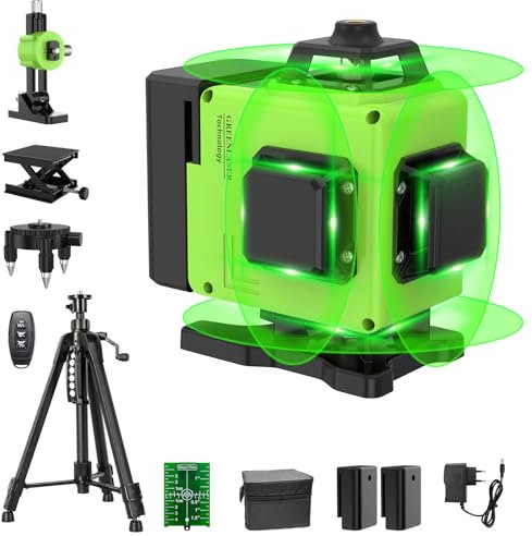 【mit Stativ】Kreuzlinienlaser mit Stativ, Laser 4x360 Grad, Linienlaser Grün Kreuzlaser Selbstnivellierend Nivelliergerät Baulaser 3D für Innen- und Außenbereich Baustelle