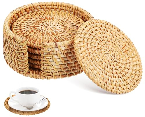 Kichvoe 1 Set Rattan-Untersetzer Mit Halter: 6 Stück Korb-Boho-Untersetzer Für Getränke 10 cm Runde Teetassen- Couchtisch- Für Zuhause Büro Bar