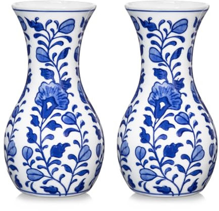 Hollyone 2PCS 15CM Blue and White Porcelain Vase, Small Flower Vase Ceramic Vase for Flowers, Aesthetic Flower Vase for Living Room, Bathroom, Kitchen, Table Decoration