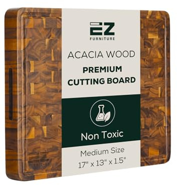 EZ FURNITURE Medium (M) Acacia End Grain Cutting Board, Reversible, Knife-Friendly Charcuterie Wood Cutting Board with Juice Groove & Handles, Non-Toxic, Gift Box Included (17x13x1.5)