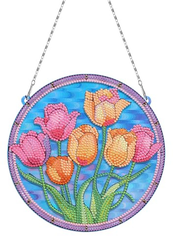 Tulips Diamond Art Suncatcher Window Hanger Sign DIY Kits 5D Diamond Art Painting Tulips Sun Catcher PET Hanging Ornaments Single Sided Special Shaped Gem Art Painting Pendant Home Office Wall Decor