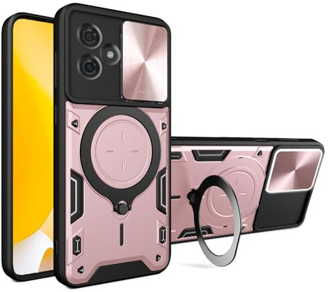 BORYA Funda para Motorola Moto G55, Silicona Delgada Antigolpes PC+TPU Carcasa, Anticaída Estuche. Caso con Soporte Metal Magnético Anillo y Cubierta Cámara Cubrir. Oro Rosa