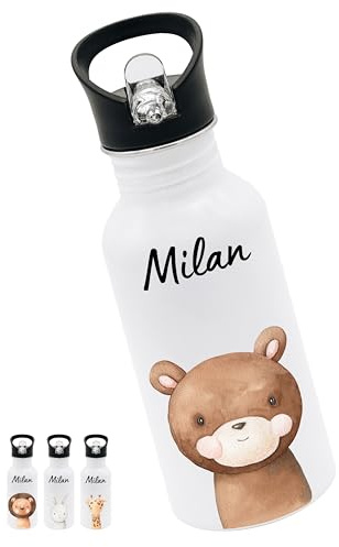 Bärenfreunde® - Personalisierte Trinkflasche Kinder Edelstahl [ 500ml ] - Robuste Trinkflasche mit Namen - Wasserflasche mit Trinkhalm - Personalisierte Geschenke für Kinder (Bär)