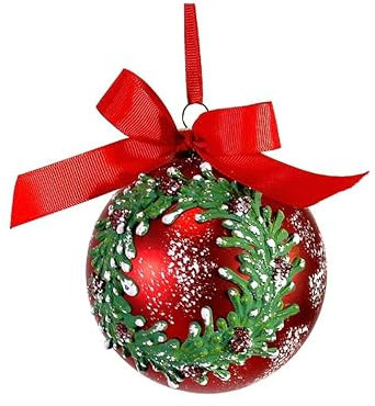 Varzi il Natale dal 1956 - Bola de árbol de Navidad de cristal rojo con guirnalda de acebo en relieve, 10 cm