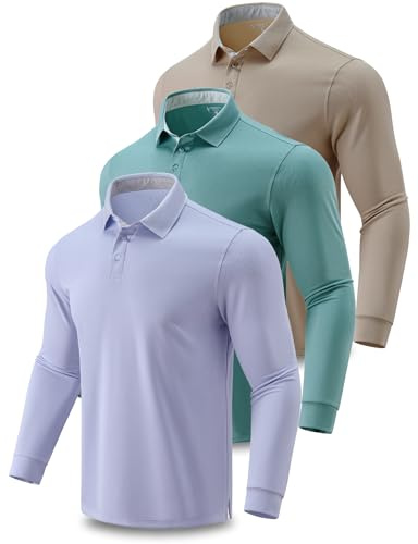 3 Pack Men's Dry Fit Long Sleeve Polo Shirts (Set 3, Large)