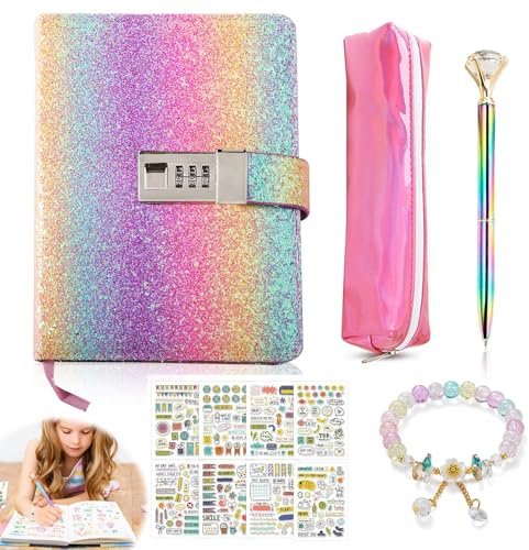 Journal Intime avec Cadenas pour filles de 7 8 9 10 11 12 13 ans | Journal Intime avec Code Cadeaux de Noël adolescentes Ensemble de Papeterie Carnet Secret Trousse Stylo Bracelet Autocollant