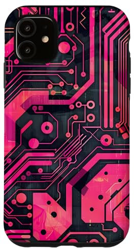 Coque pour iPhone 11 Motif carte mère circuit rayé Art déco rose